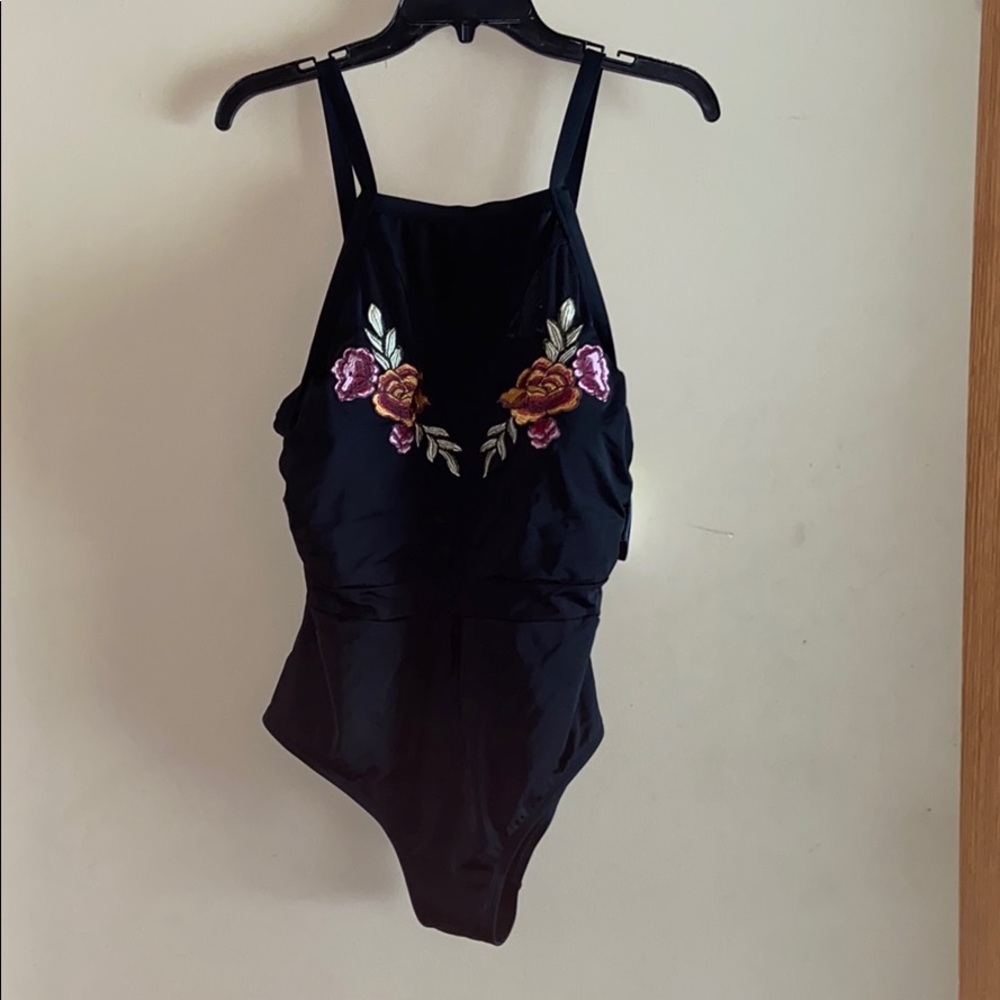 Boutique womens swimsuit black Embroidered flowers